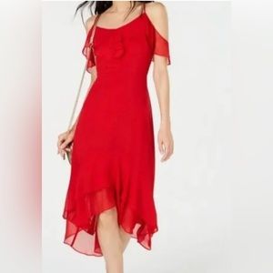 INC International Concepts Midi Dress High Low Ruffle Cold Shoulders Red , Siz 2